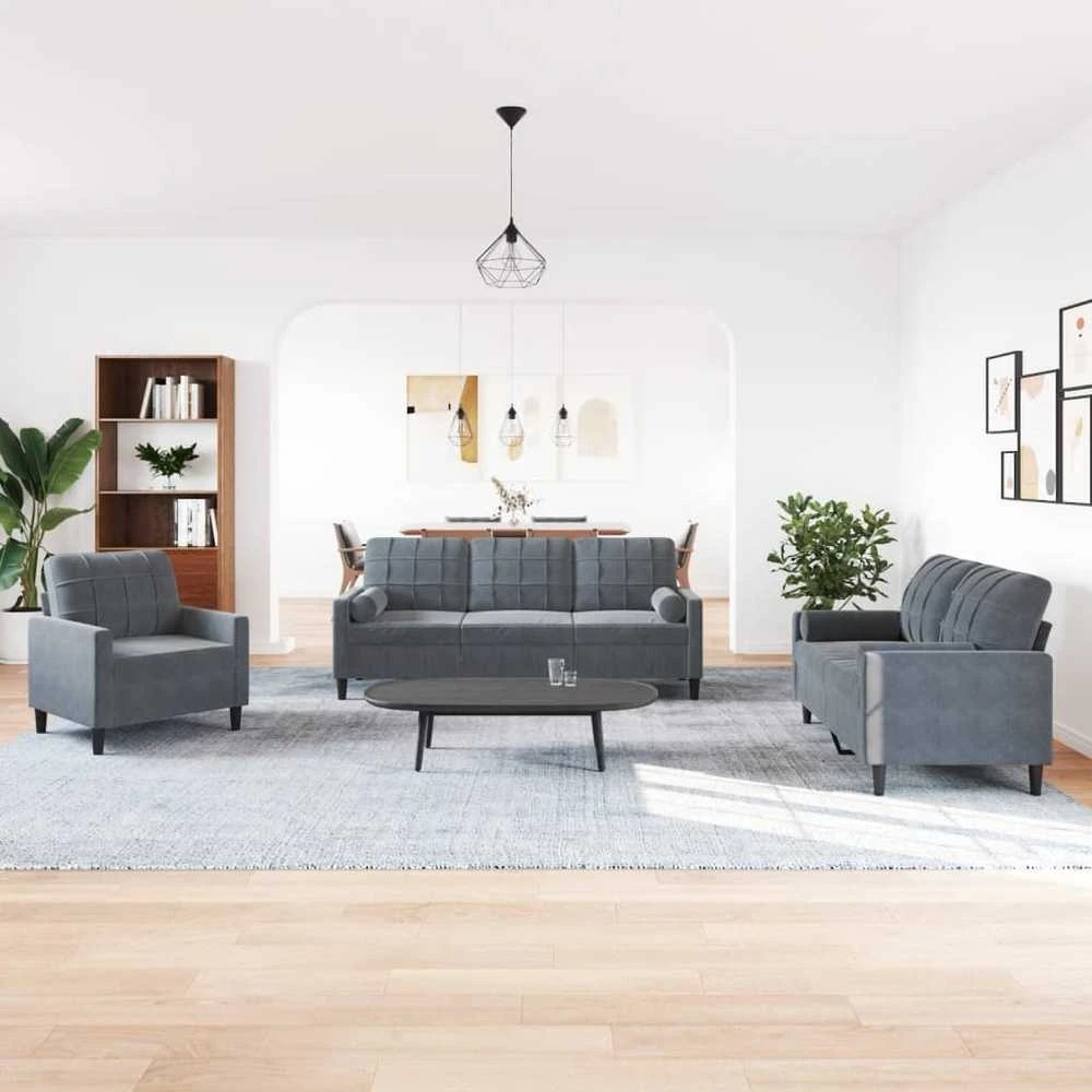 Sofa Sofos komplektas su pagalvėlėmis, 3 dalių, pilkas, aksomas
