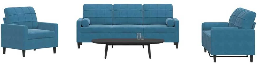 Sofa Sofos komplektas su pagalvėlėmis, 3 dalių, mėlynas, aksomas