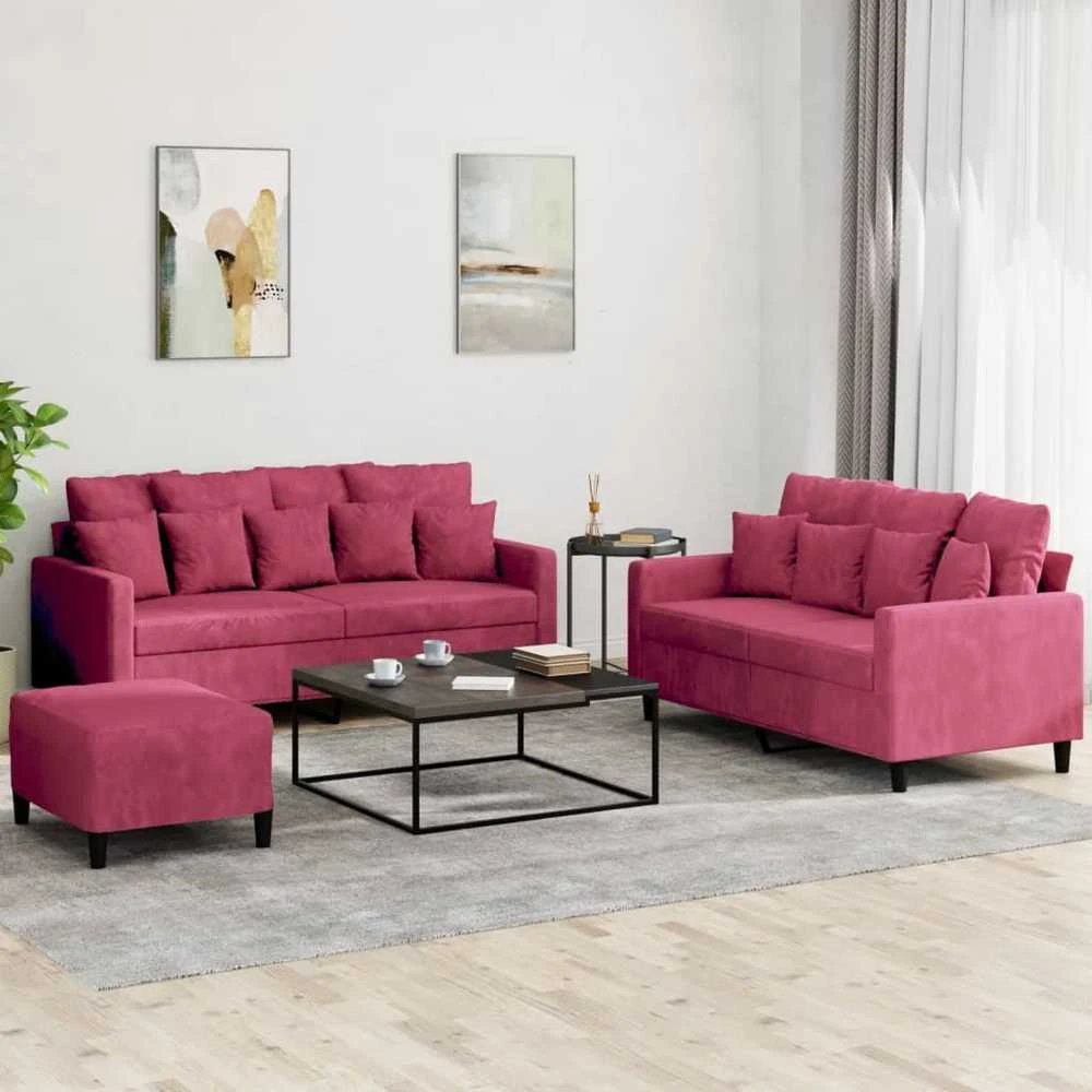 Sofa Sofos komplektas su pagalvėlėmis, 3 dalių, vyno, aksomas