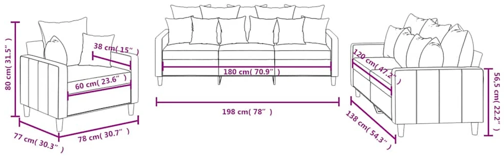 Sofa Sofos komplektas su pagalvėlėmis, 3 dalių, rudas, aksomas