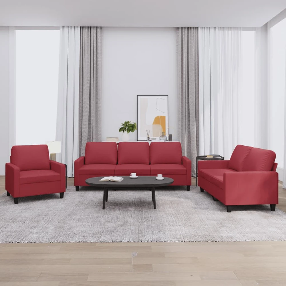 Sofa Sofos komplektas su pagalvėlėmis, 3 dalių, vyno, dirbtinė oda