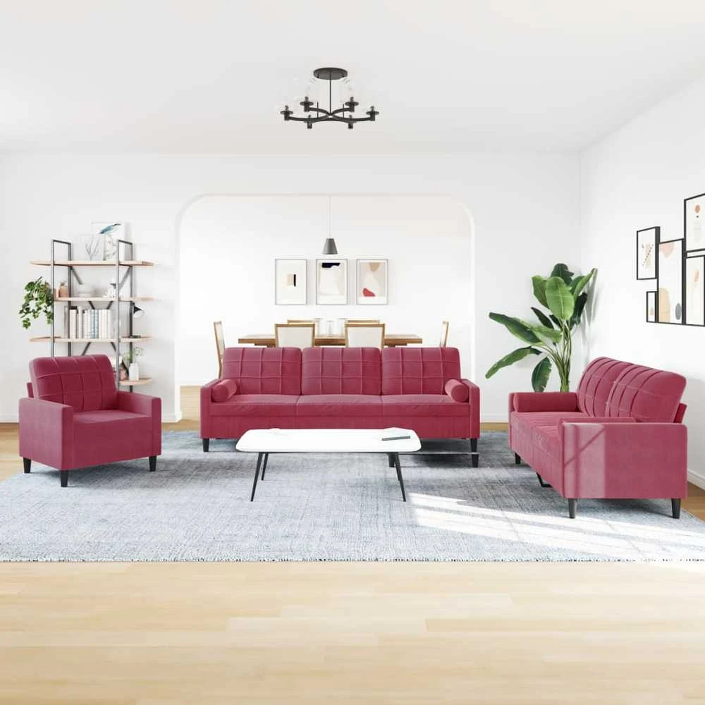 Sofa Sofos komplektas su pagalvėlėmis, 3 dalių, vyno, aksomas