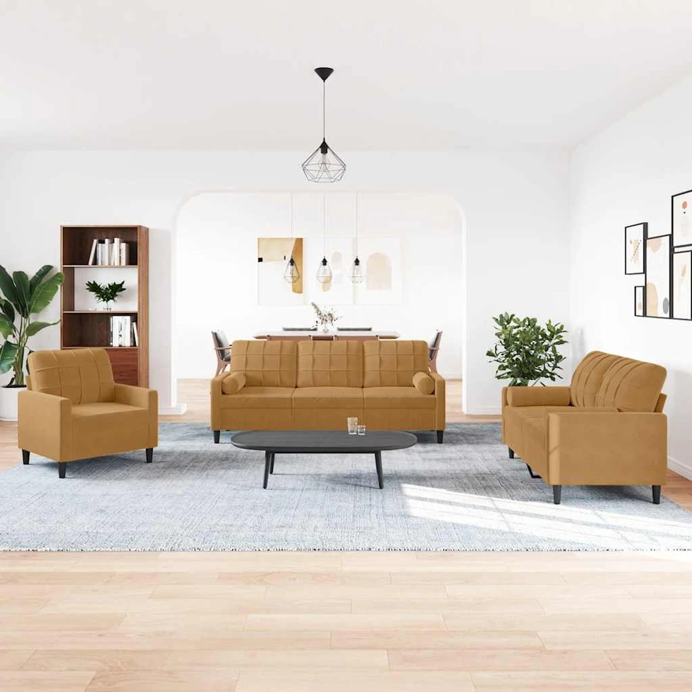 Sofa Sofos komplektas su pagalvėlėmis, 3 dalių, rudas, aksomas