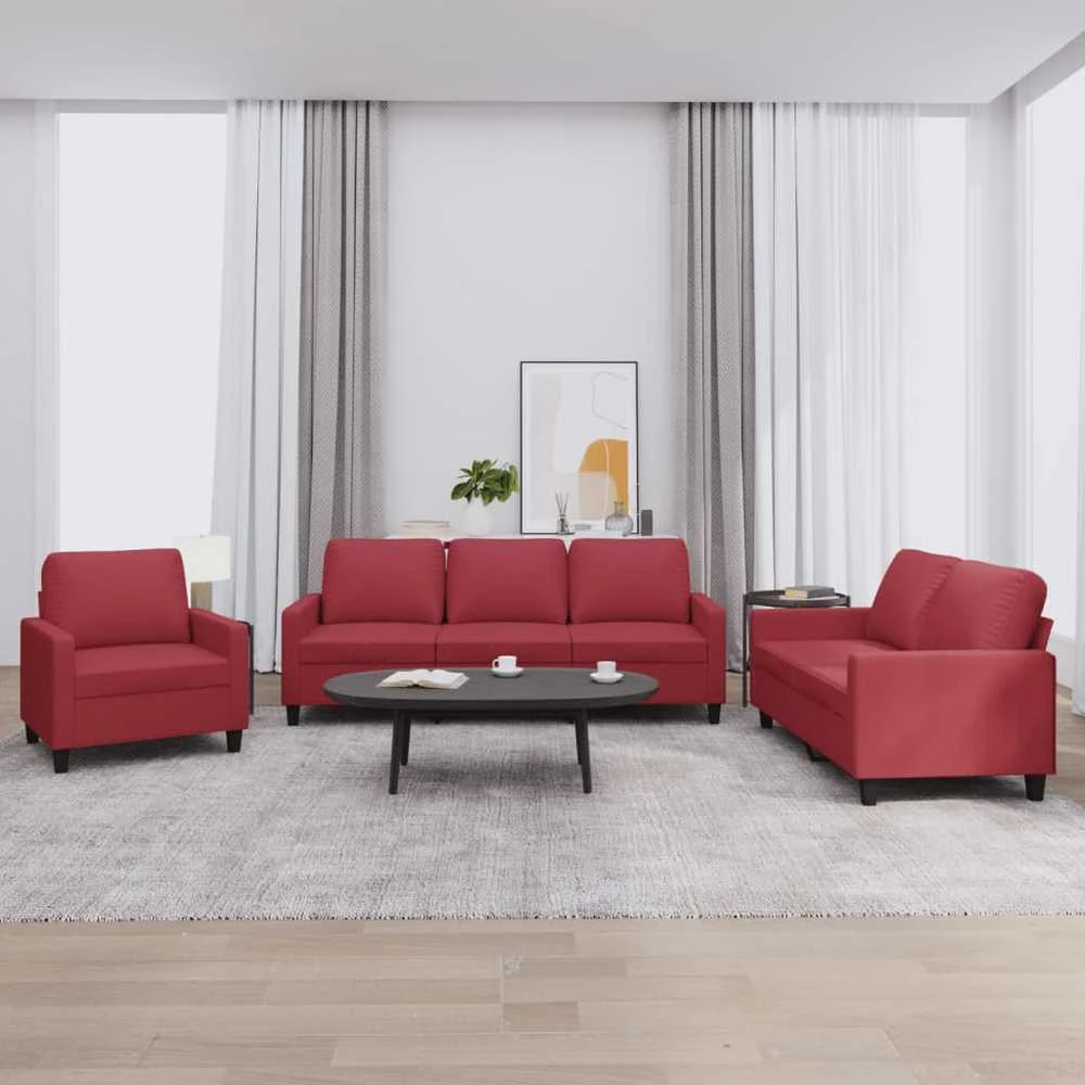 Sofa Sofos komplektas su pagalvėlėmis, 3 dalių, vyno, dirbtinė oda