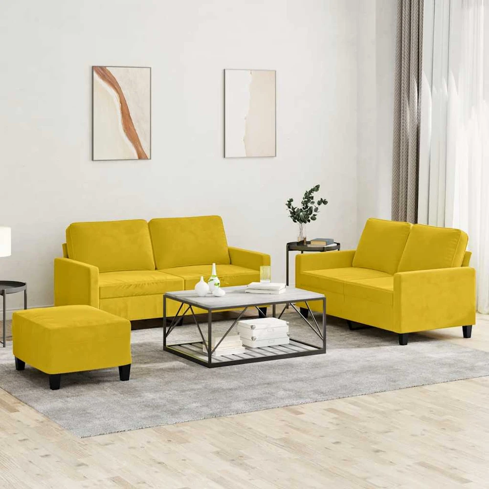 Sofa Sofos komplektas su pagalvėlėmis, 3 dalių, geltonas, aksomas