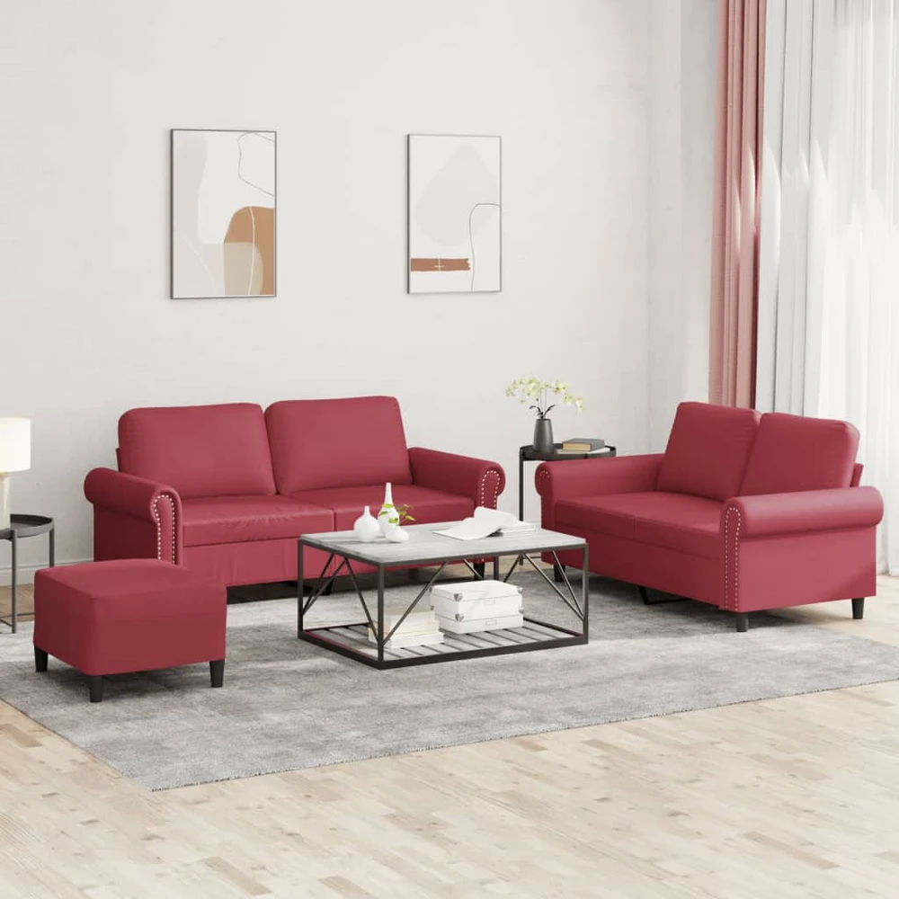 Sofa Sofos komplektas su pagalvėlėmis, 3 dalių, vyno, dirbtinė oda
