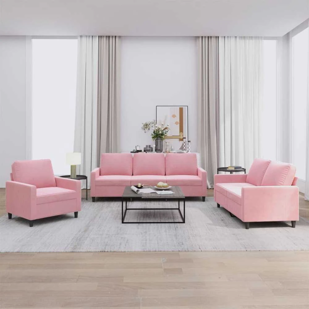 Sofa Sofos komplektas su pagalvėlėmis, 3 dalių, rožinis, aksomas