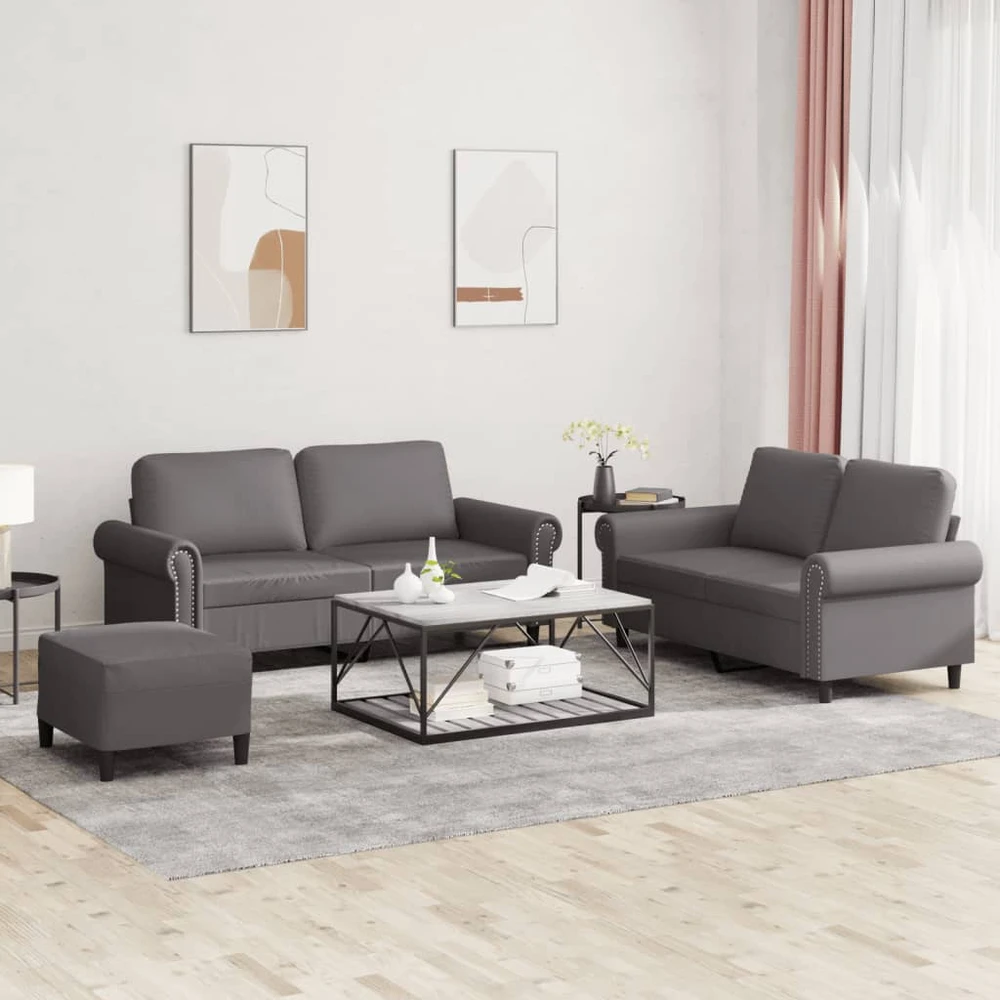 Sofa Sofos komplektas su pagalvėlėmis, 3 dalių, pilkas, dirbtinė oda