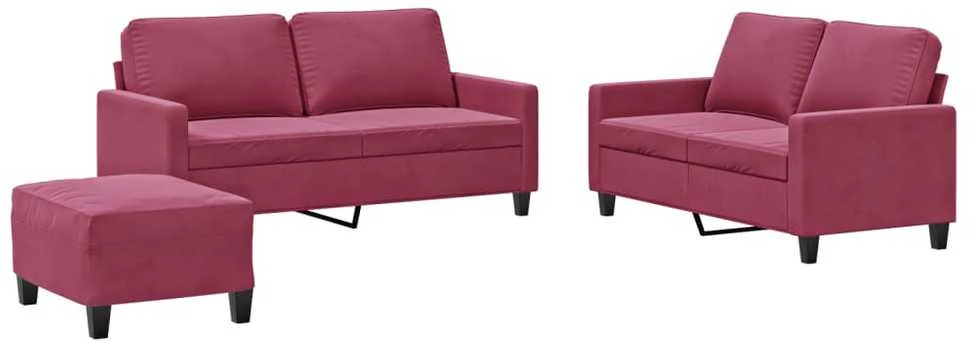 Sofa Sofos komplektas su pagalvėlėmis, 3 dalių, vyno, aksomas