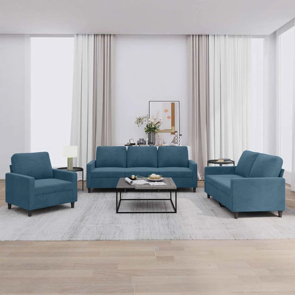 Sofa Sofos komplektas su pagalvėlėmis, 3 dalių, mėlynas, aksomas