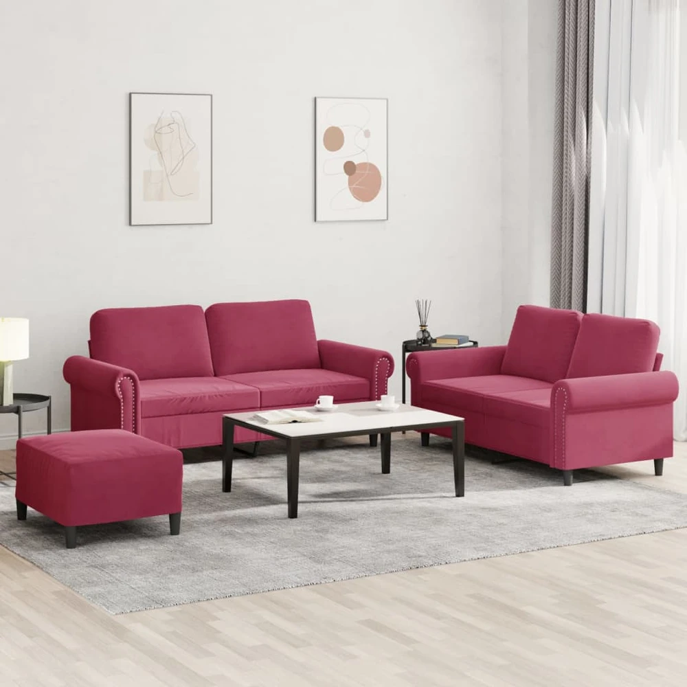 Sofa Sofos komplektas su pagalvėlėmis, 3 dalių, vyno, aksomas
