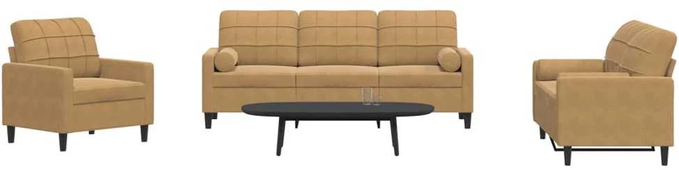 Sofa Sofos komplektas su pagalvėlėmis, 3 dalių, rudas, aksomas