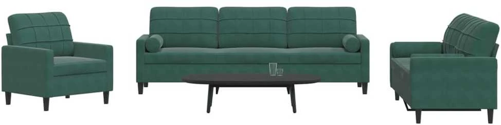 Sofa Sofos komplektas su pagalvėlėmis, 3 dalių, žalias, aksomas
