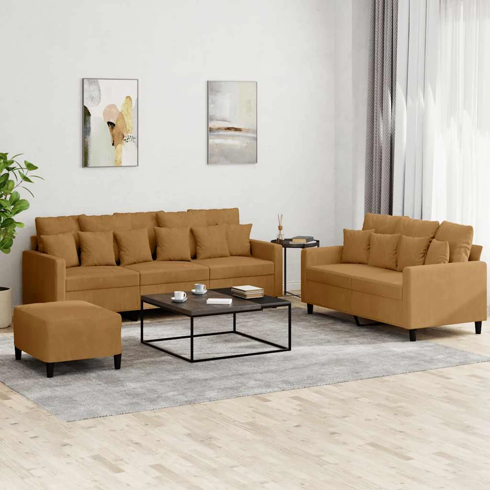 Sofa Sofos komplektas su pagalvėlėmis, 3 dalių, rudas, aksomas