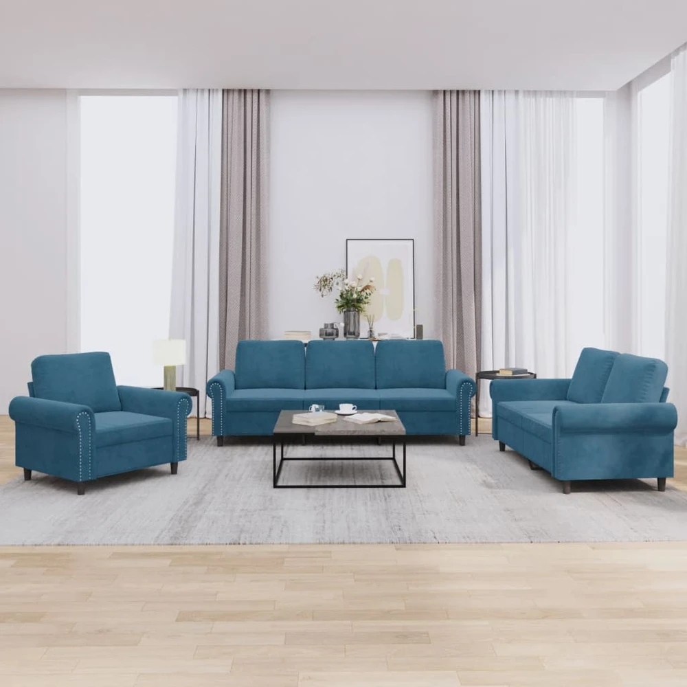 Sofa Sofos komplektas su pagalvėlėmis, 3 dalių, mėlynas, aksomas