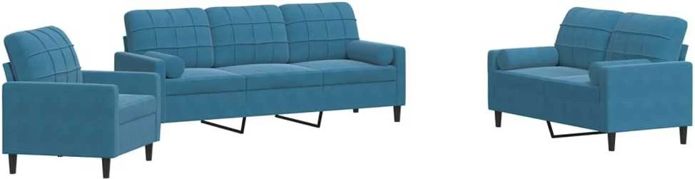 Sofa Sofos komplektas su pagalvėlėmis, 3 dalių, mėlynas, aksomas