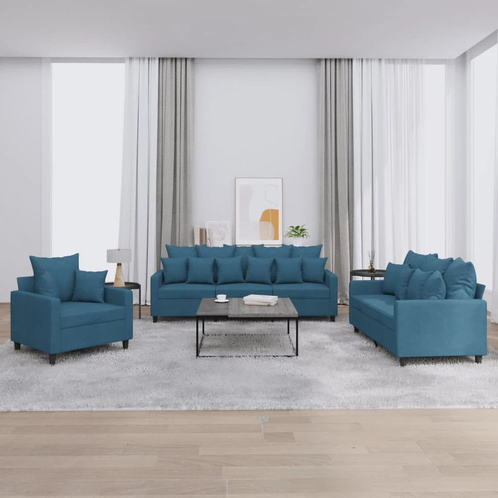 Sofa Sofos komplektas su pagalvėlėmis, 3 dalių, mėlynas, aksomas