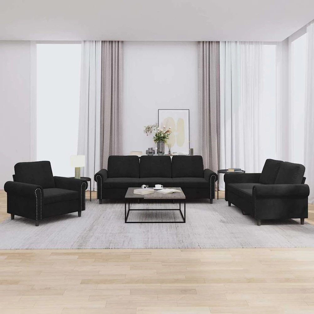 Sofa Sofos komplektas su pagalvėlėmis, 3 dalių, juodas, aksomas