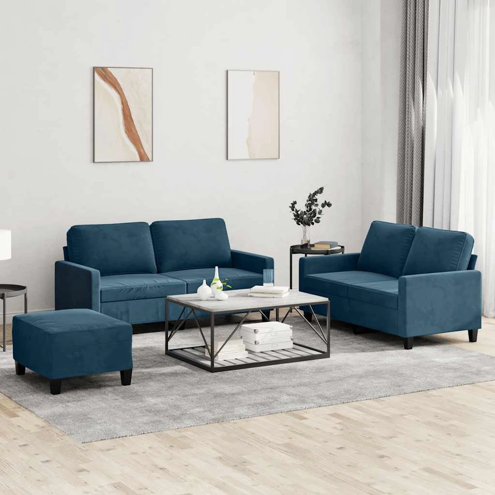 Sofa Sofos komplektas su pagalvėlėmis, 3 dalių, mėlynas, aksomas