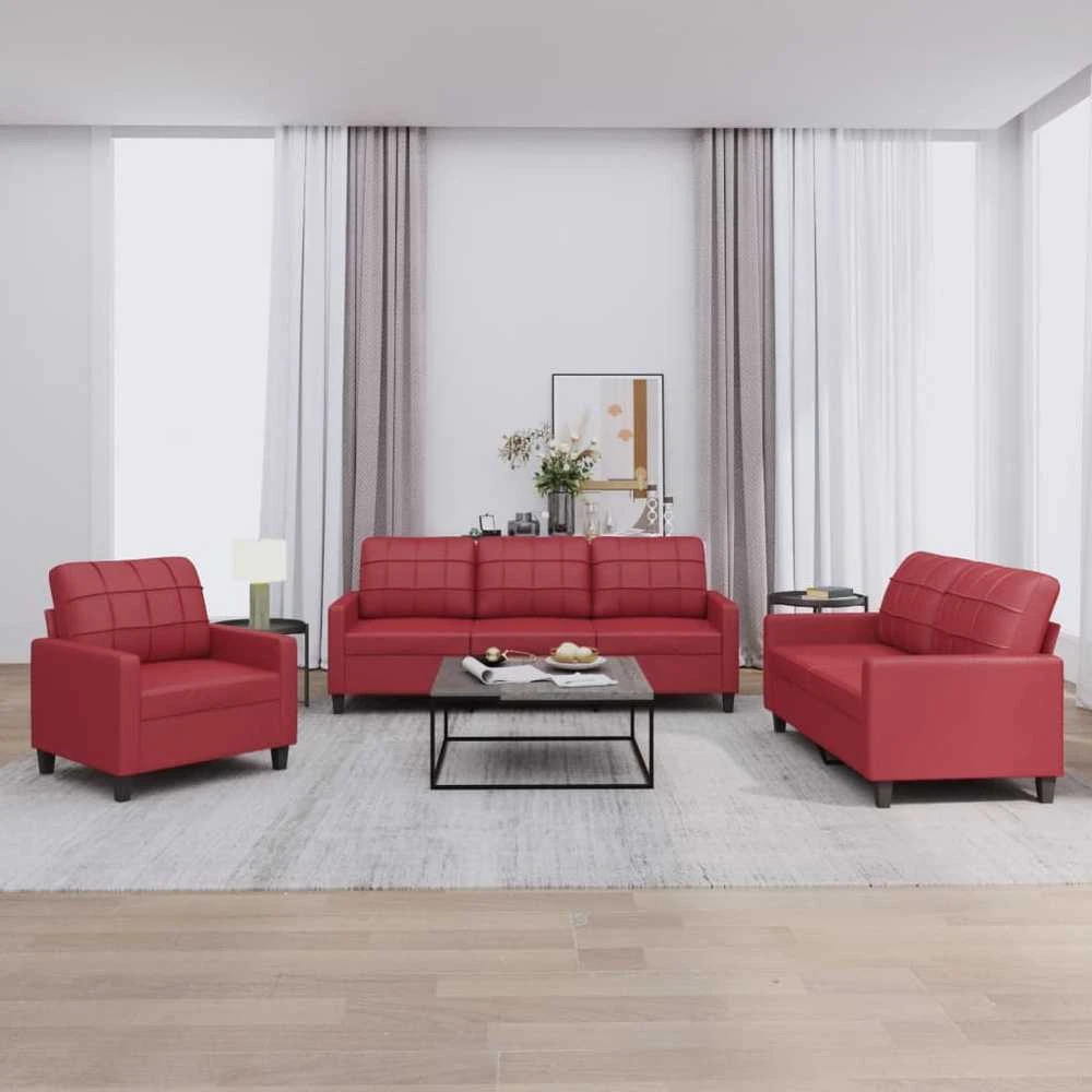 Sofa Sofos komplektas su pagalvėlėmis, 3 dalių, vyno, dirbtinė oda