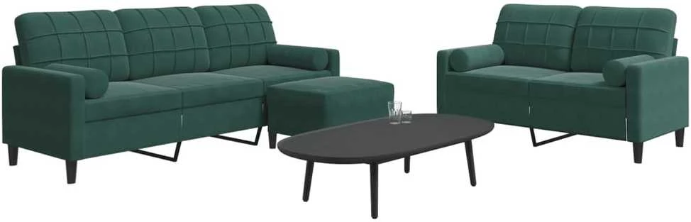 Sofa Sofos komplektas su pagalvėlėmis, 3 dalių, žalias, aksomas