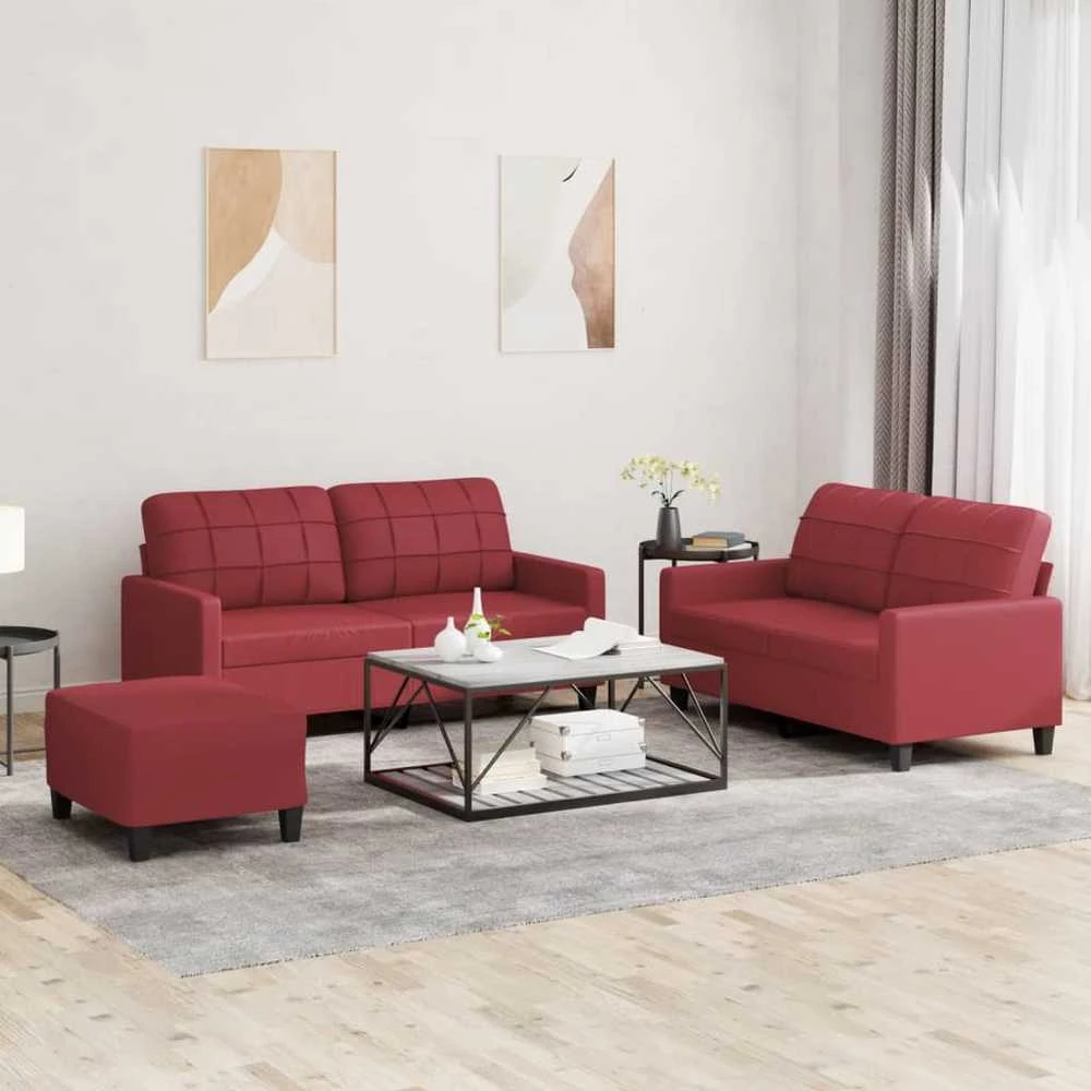 Sofa Sofos komplektas su pagalvėlėmis, 3 dalių, vyno, dirbtinė oda