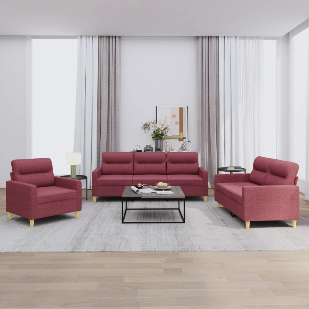 Sofa Sofos komplektas su pagalvėlėmis, 3 dalių, vyno, audinys