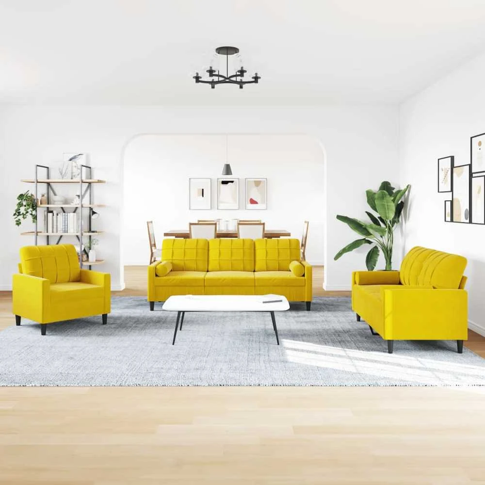 Sofa Sofos komplektas su pagalvėlėmis, 3 dalių, geltonas, aksomas