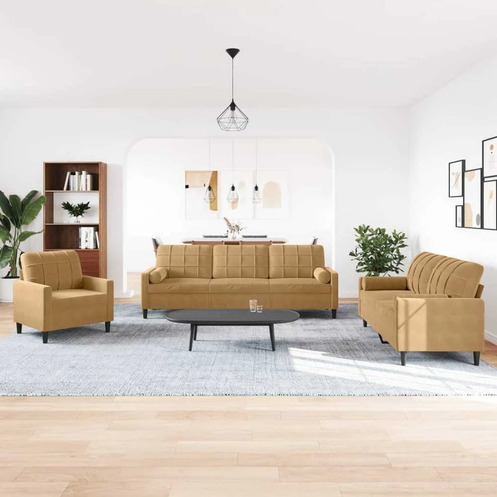 Sofa Sofos komplektas su pagalvėlėmis, 3 dalių, rudas, aksomas