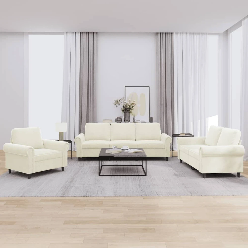 Sofa Sofos komplektas su pagalvėlėmis, 3 dalių, kreminis, aksomas