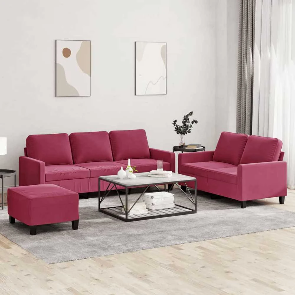 Sofa Sofos komplektas su pagalvėlėmis, 3 dalių, vyno, aksomas