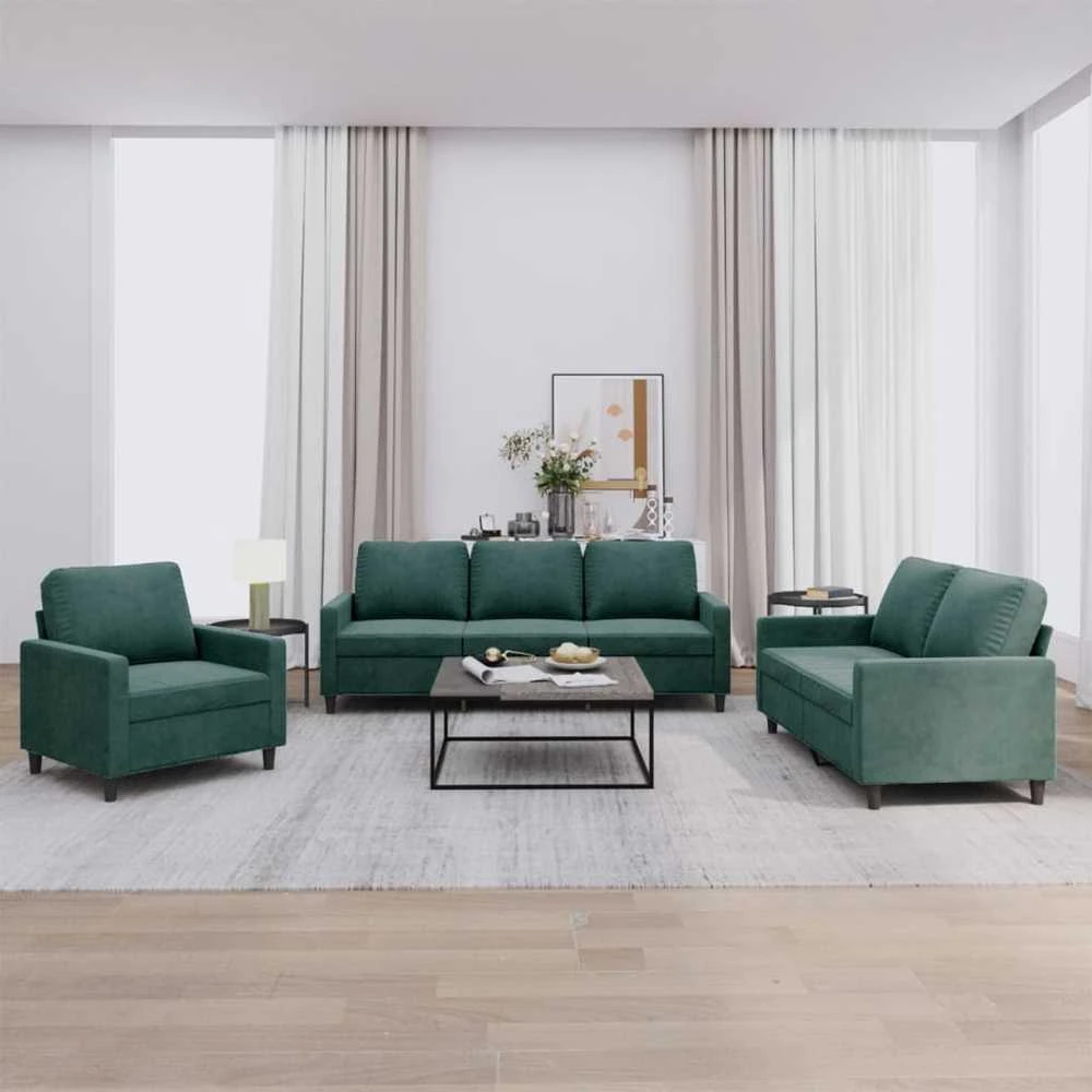 Sofa Sofos komplektas su pagalvėlėmis, 3 dalių, žalias, aksomas