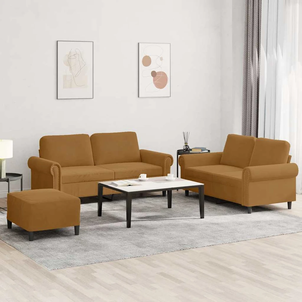 Sofa Sofos komplektas su pagalvėlėmis, 3 dalių, rudas, aksomas