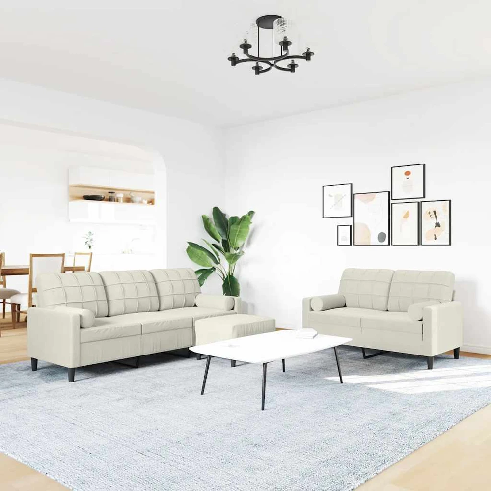 Sofa Sofos komplektas su pagalvėlėmis, 3 dalių, kreminis, aksomas