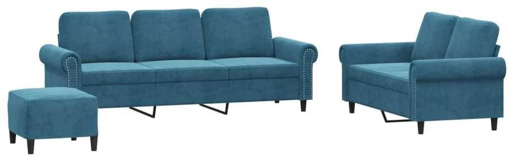 Sofa Sofos komplektas su pagalvėlėmis, 3 dalių, mėlynas, aksomas