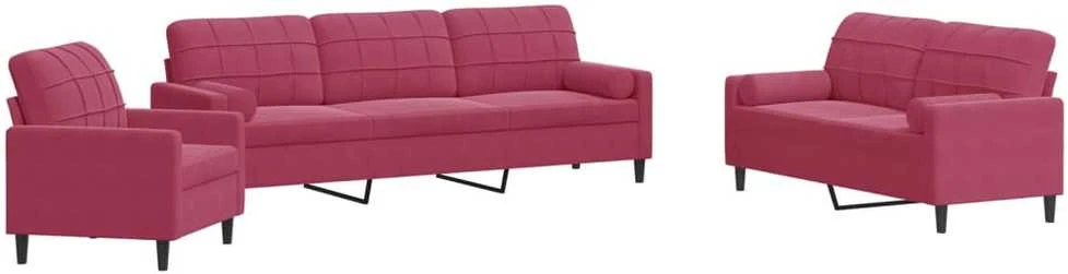 Sofa Sofos komplektas su pagalvėlėmis, 3 dalių, vyno, aksomas