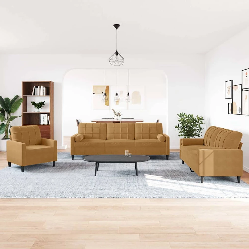 Sofa Sofos komplektas su pagalvėlėmis, 3 dalių, rudas, aksomas