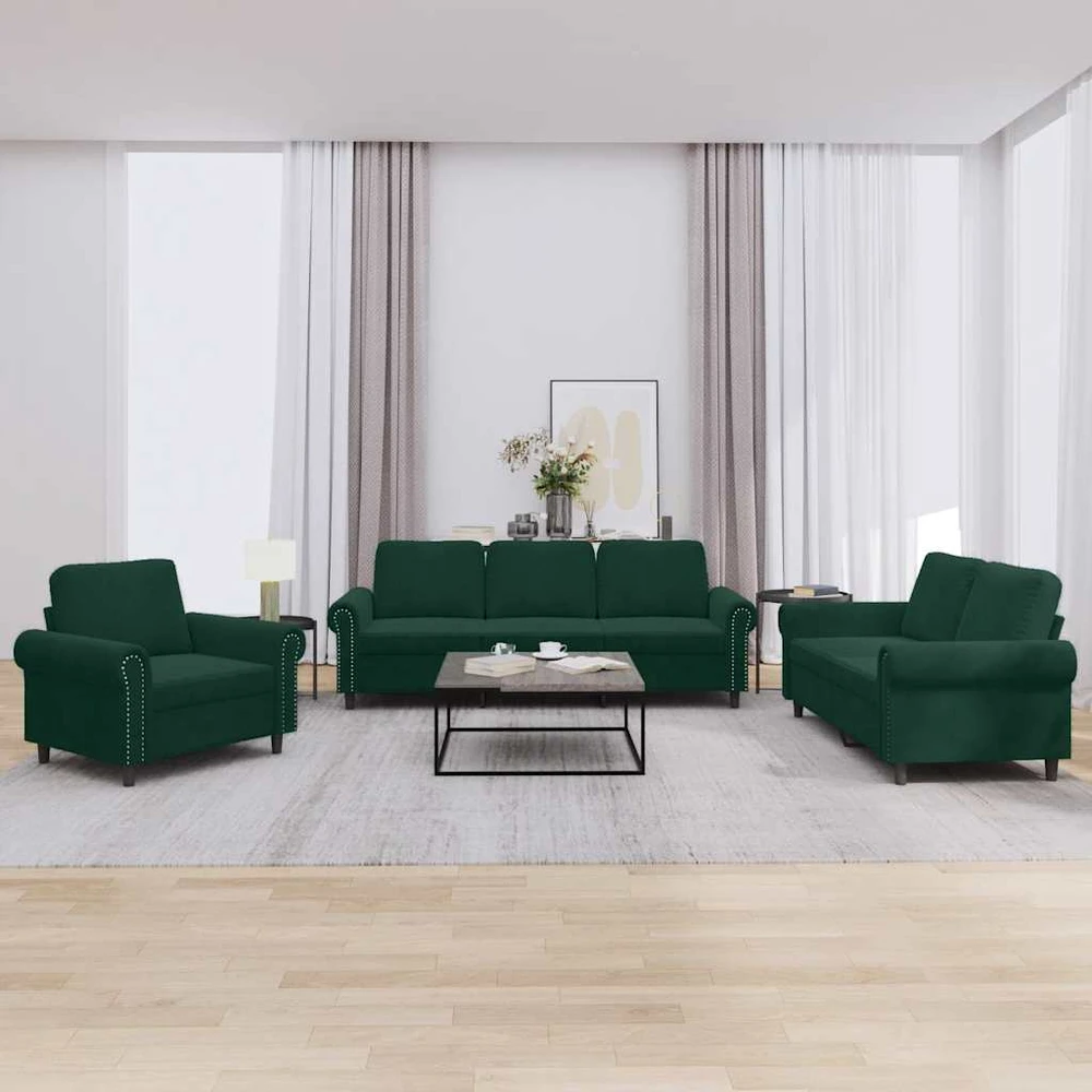 Sofa Sofos komplektas su pagalvėlėmis, 3 dalių, žalias, aksomas