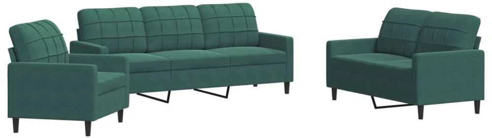 Sofa Sofos komplektas su pagalvėlėmis, 3 dalių, žalias, aksomas