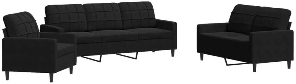 Sofa Sofos komplektas su pagalvėlėmis, 3 dalių, juodas, aksomas