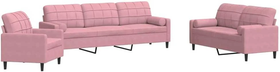 Sofa Sofos komplektas su pagalvėlėmis, 3 dalių, rožinis, aksomas