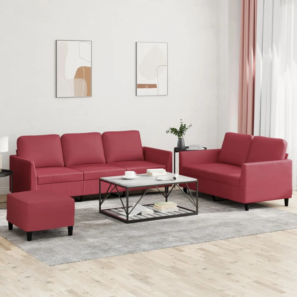 Sofa Sofos komplektas su pagalvėlėmis, 3 dalių, vyno, dirbtinė oda