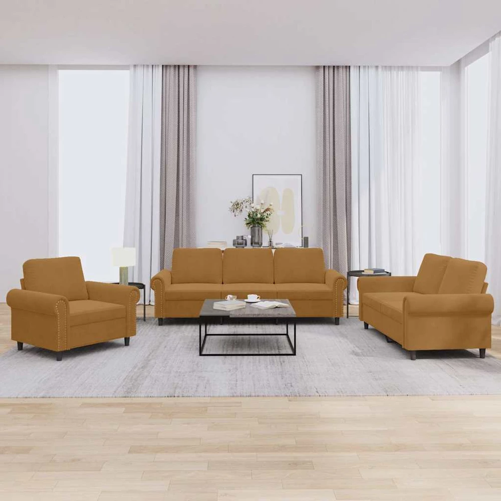 Sofa Sofos komplektas su pagalvėlėmis, 3 dalių, rudas, aksomas