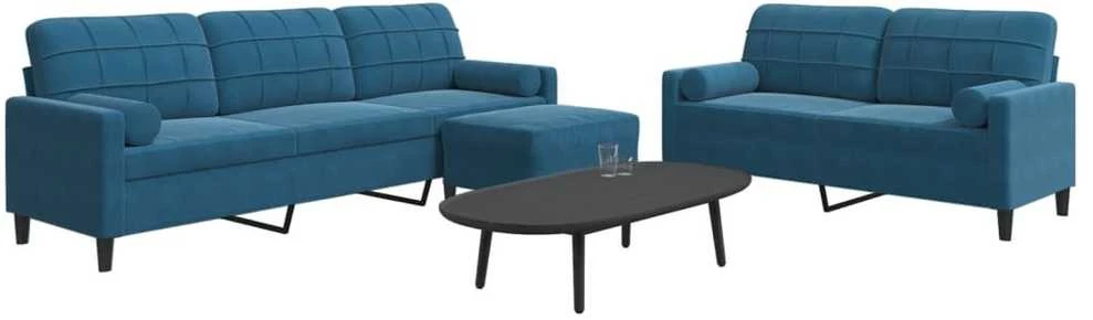 Sofa Sofos komplektas su pagalvėlėmis, 3 dalių, mėlynas, aksomas