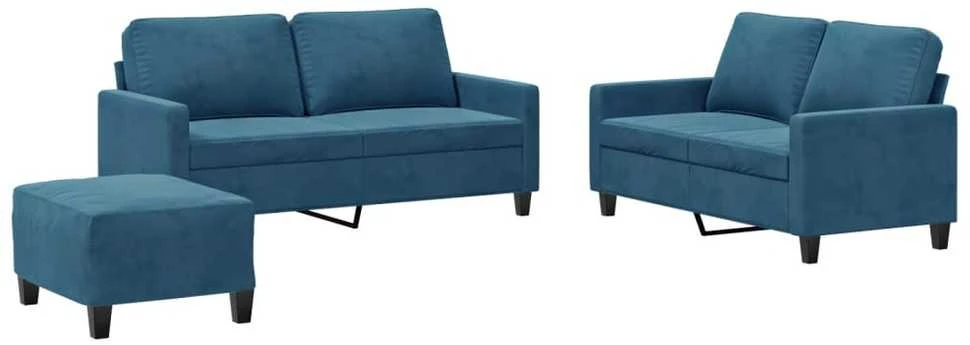 Sofa Sofos komplektas su pagalvėlėmis, 3 dalių, mėlynas, aksomas