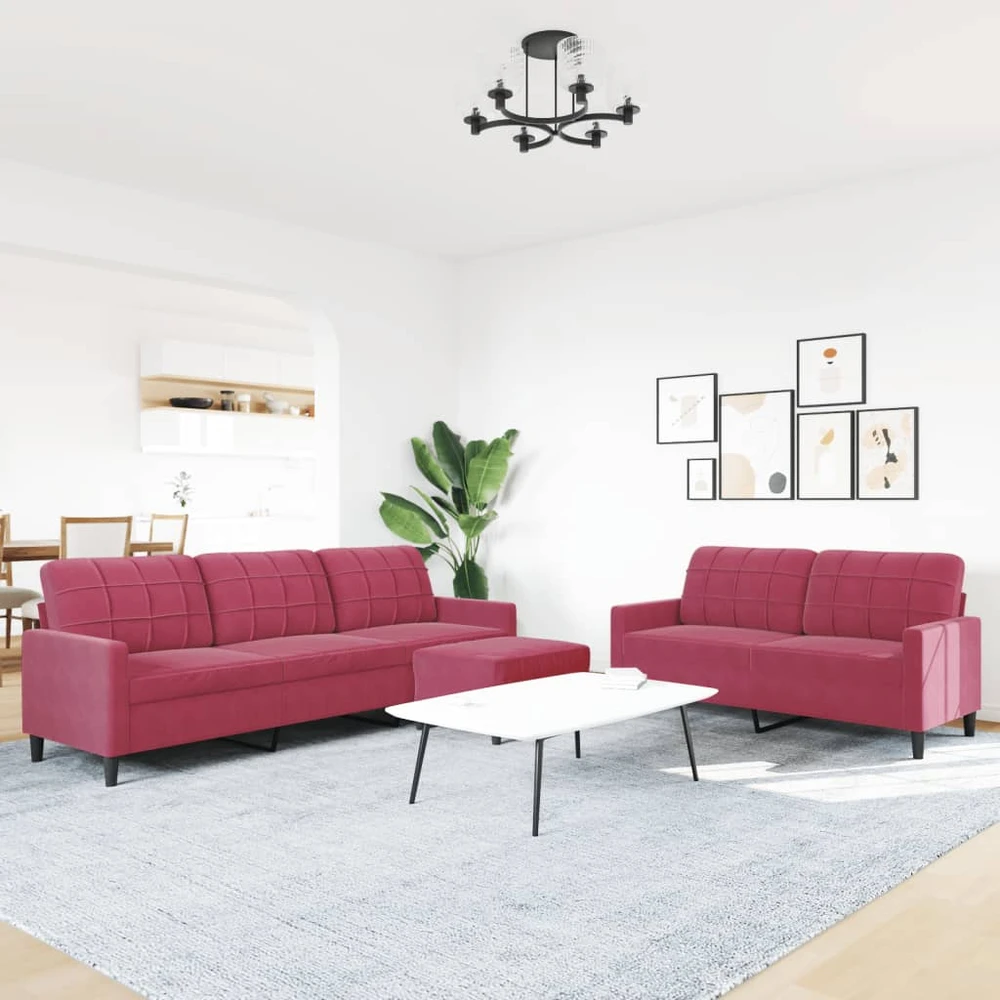 Sofa Sofos komplektas su pagalvėlėmis, 3 dalių, vyno, aksomas