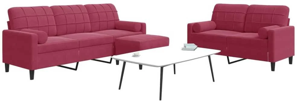 Sofa Sofos komplektas su pagalvėlėmis, 3 dalių, vyno, aksomas