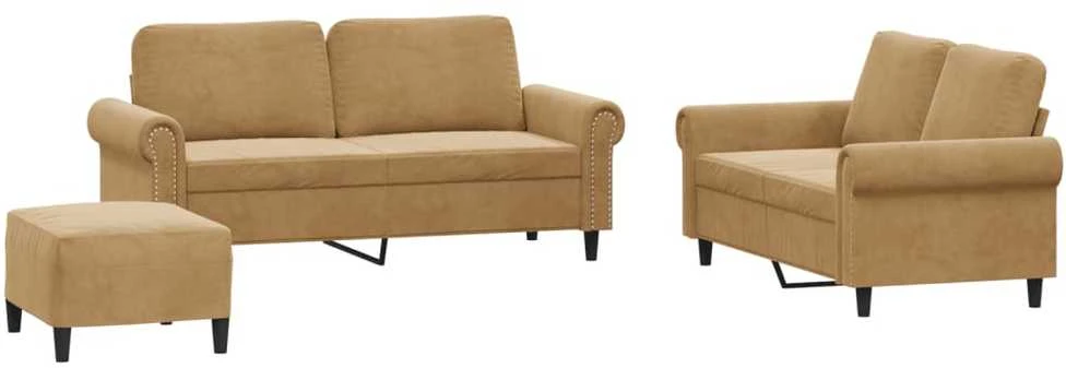 Sofa Sofos komplektas su pagalvėlėmis, 3 dalių, rudas, aksomas