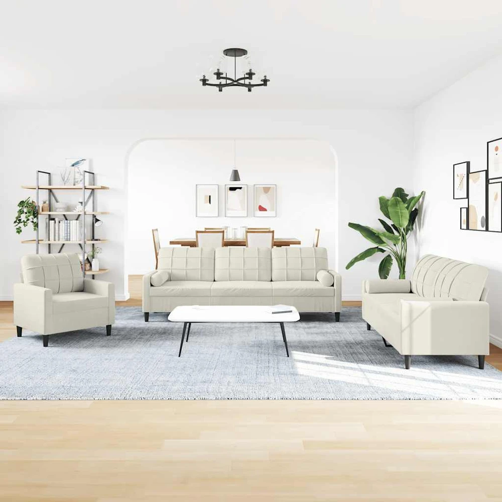 Sofa Sofos komplektas su pagalvėlėmis, 3 dalių, kreminis, aksomas