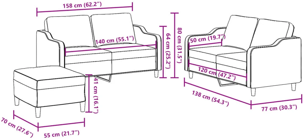Sofa Sofos komplektas su pagalvėlėmis, 3 dalių, vyno, audinys